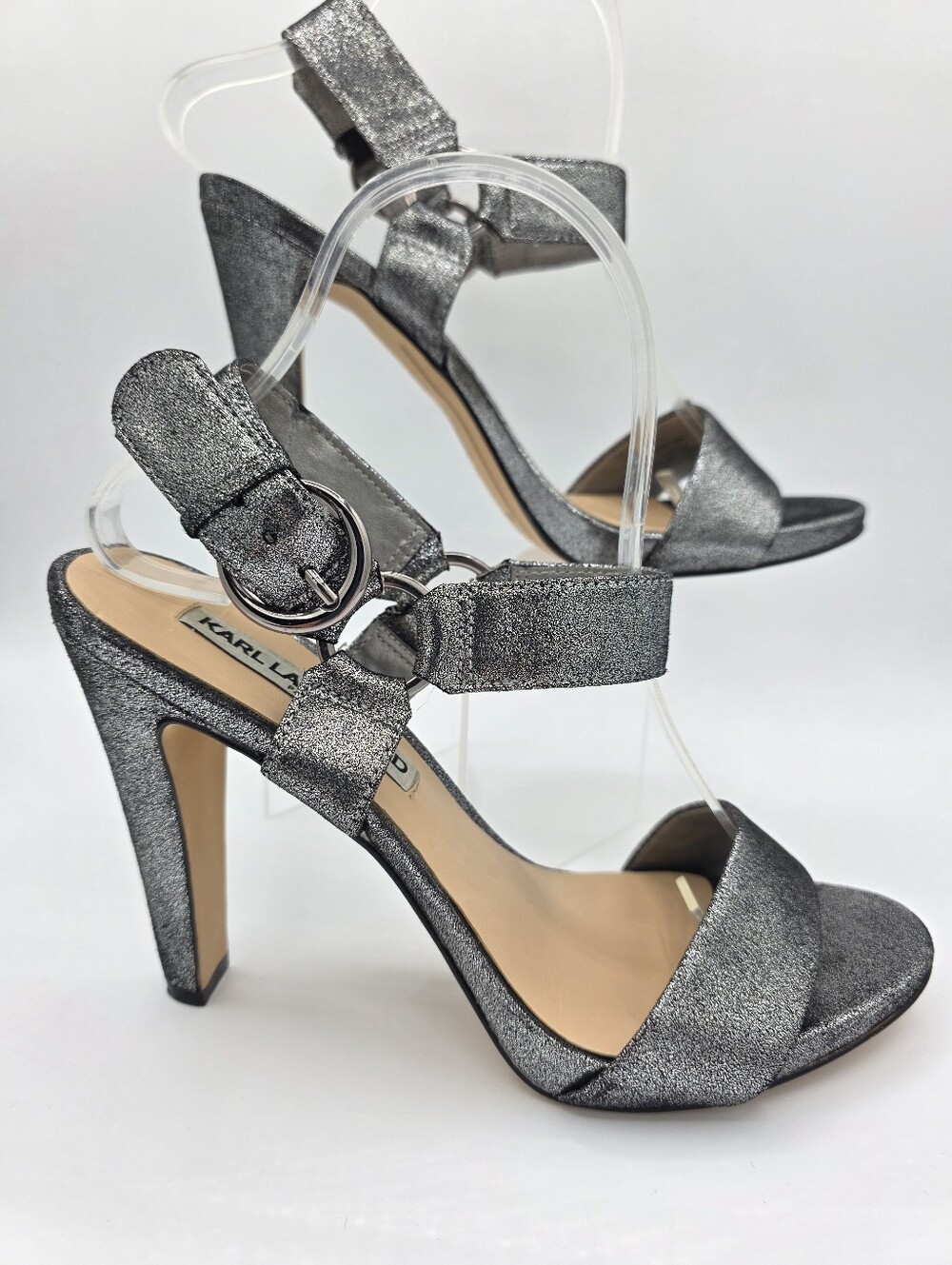 Karl Lagerfeld Paris Silver Metallic Ankle Strap Heels Size 8.5